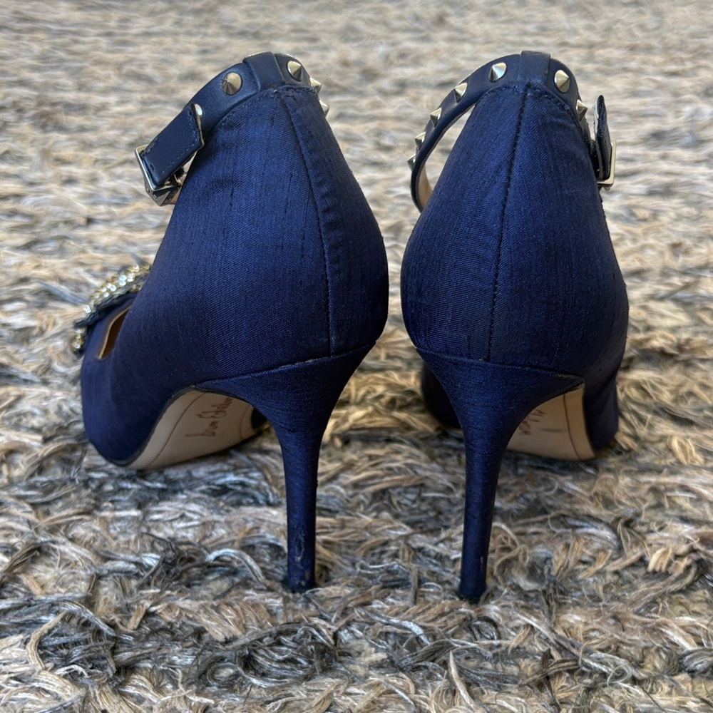 Sam Edelman Navy Beaded Pointed Toe Ankle Strap Heels Size 6 Limited Edition - Picture 7 of 16